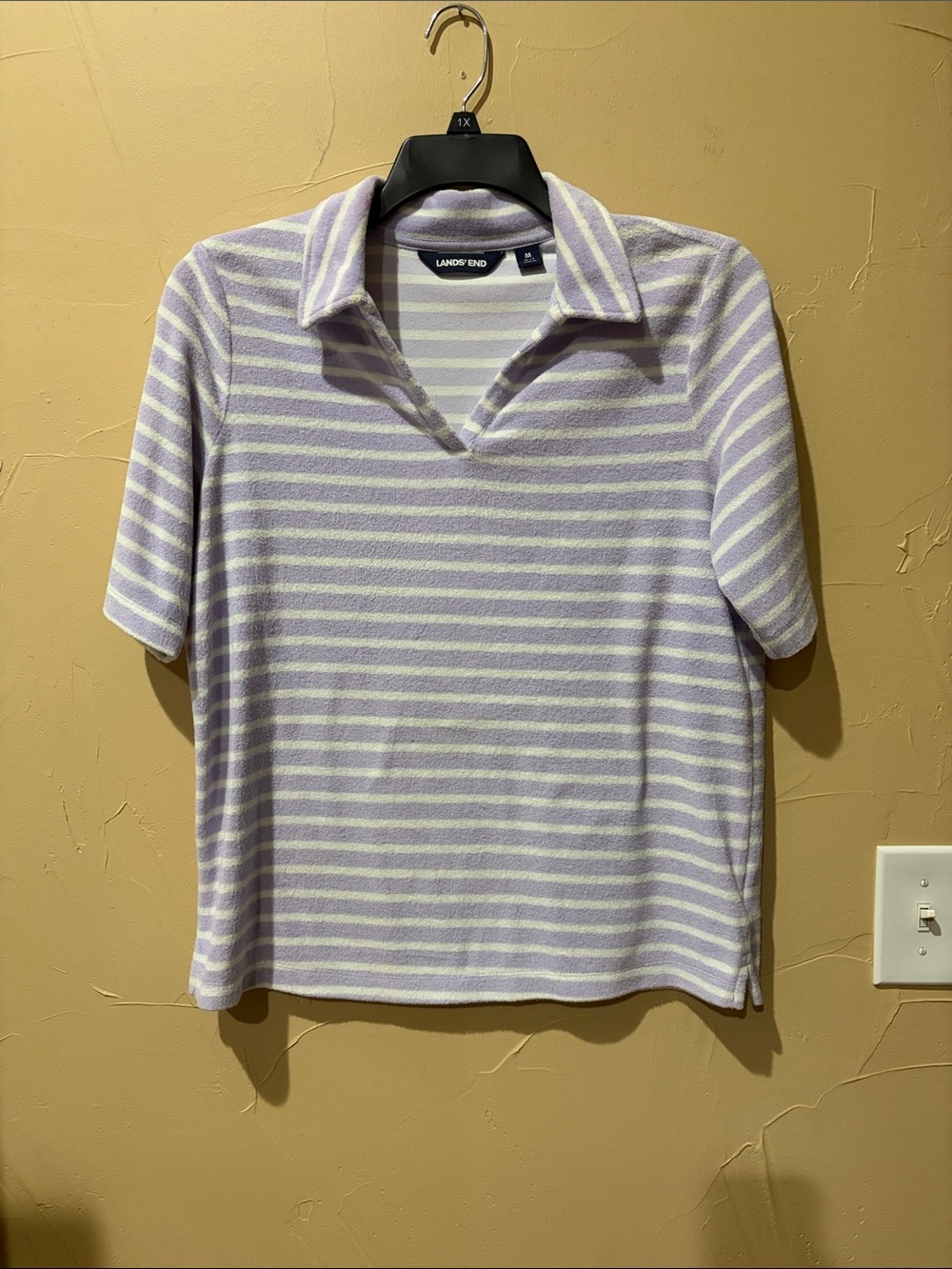 Lands' End Lavender and White Striped Short-Sleeve Terry Top